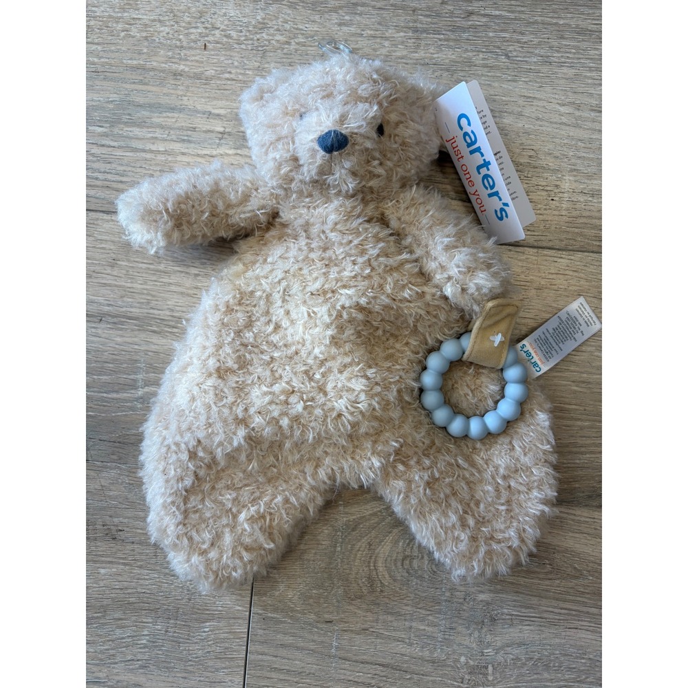 Carters Just One You Tan Bear Plush Lovey Security Blanket Blue Teether Ring NWT